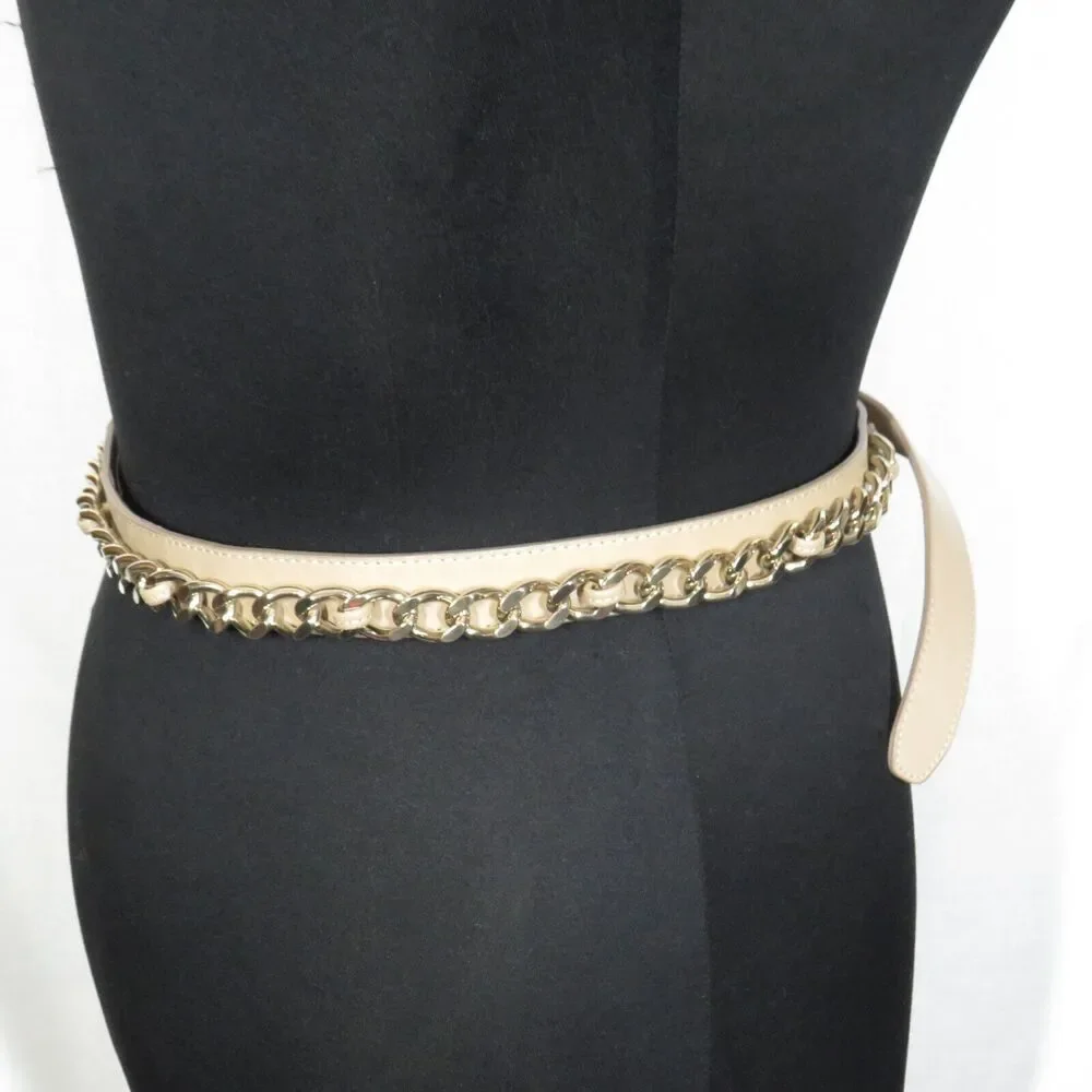 Women's Tan Faux Leather Gold Chain Detail Belt 34-38 Inch Waist Size XL